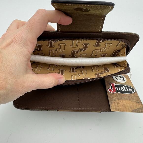 Justin RFID Western Wallet Brown Tan Diamond Stitch Bifold NWT - Picture 6 of 10